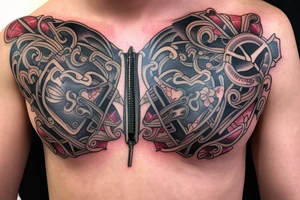 Open zipper down the middle of chest
exposing the inside of the chest cavity.
Main feature being the heart which has had surgery, so needs to look medically repaired. tattoo idea