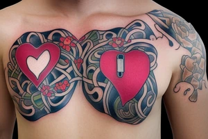 Open zipper down the middle of chest
exposing the inside of the chest cavity.
Main feature being the heart which has had surgery, so needs to look medically repaired. tattoo idea