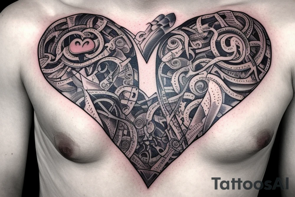 Open zipper down the middle of chest exposing the inside of the chest cavity.
Main feature being the heart which has had surgery, so needs to look medically repaired. tattoo idea