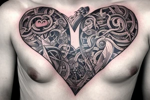 Open zipper down the middle of chest exposing the inside of the chest cavity.
Main feature being the heart which has had surgery, so needs to look medically repaired. tattoo idea