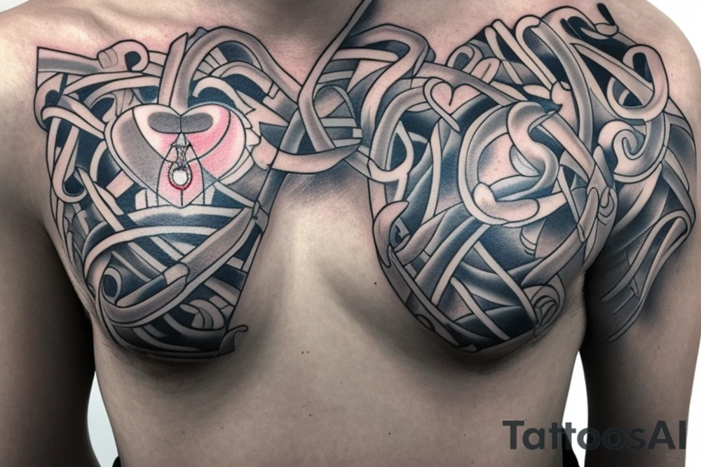 Open zipper down the middle of chest exposing the inside of the chest cavity.
Main feature being the heart which has had surgery, so needs to look medically repaired. tattoo idea