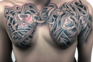 Open zipper down the middle of chest exposing the inside of the chest cavity.
Main feature being the heart which has had surgery, so needs to look medically repaired. tattoo idea