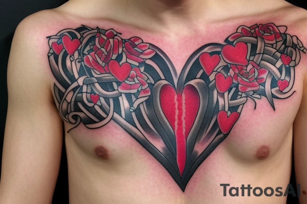Zipper down the middle of chest exposing the inside of the chest cavity.
Main feature being the heart which has had surgery, so needs to look medically repaired. tattoo idea