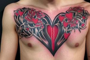 Zipper down the middle of chest exposing the inside of the chest cavity.
Main feature being the heart which has had surgery, so needs to look medically repaired. tattoo idea