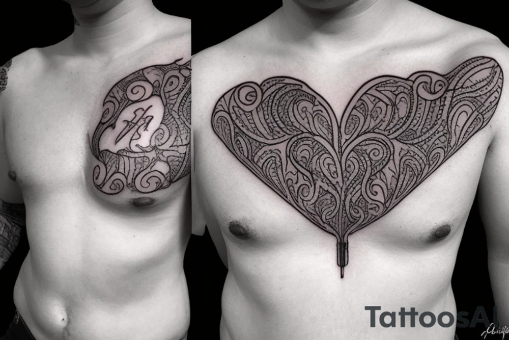Zipper down the middle of chest exposing the inside of the chest cavity.
Main feature being the heart which has had surgery, so needs to look medically repaired. tattoo idea