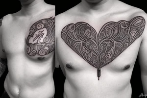 Zipper down the middle of chest exposing the inside of the chest cavity.
Main feature being the heart which has had surgery, so needs to look medically repaired. tattoo idea