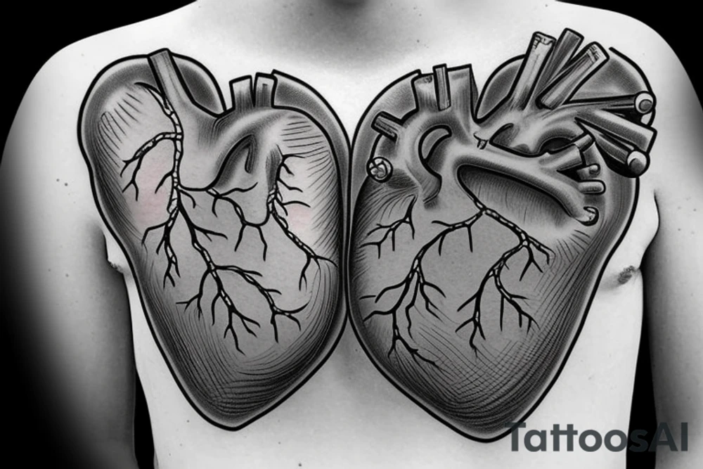 Anatomically correct heart that looks medically repaired coming out of a clothes zipper tattoo idea