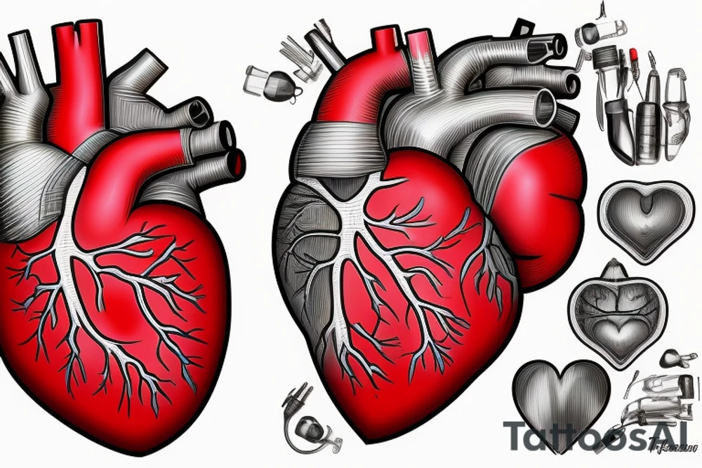 Anatomically correct heart that looks medically repaired coming out of a clothes zipper tattoo idea