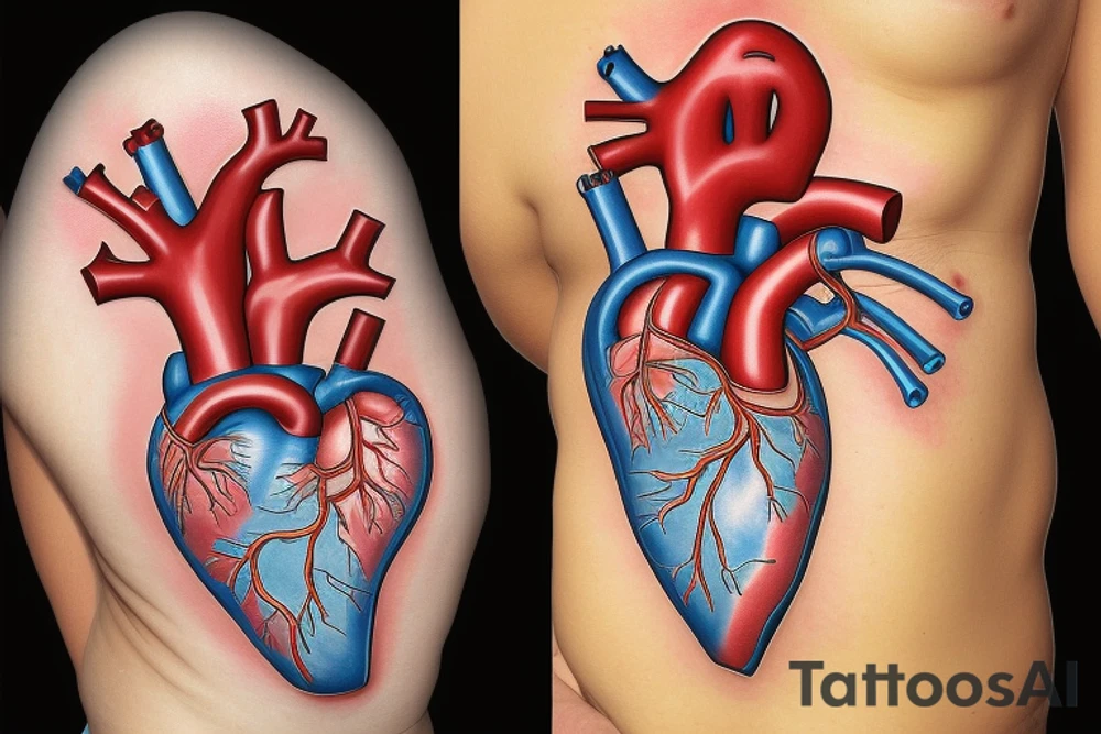 Anatomically correct heart that looks medically repaired coming out of a clothes zipper tattoo idea