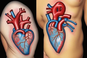 Anatomically correct heart that looks medically repaired coming out of a clothes zipper tattoo idea