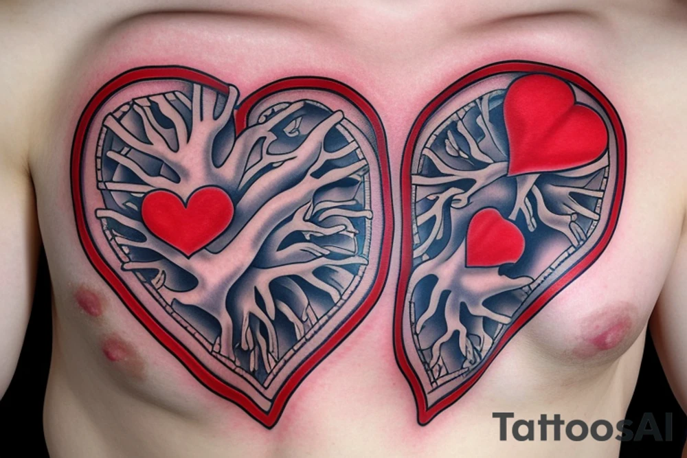 Anatomically correct heart that looks medically repaired coming out of a clothes zipper tattoo idea