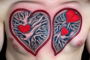 Anatomically correct heart that looks medically repaired coming out of a clothes zipper tattoo idea