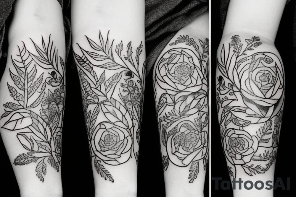 forearm tattoo that features rosehips, fern, and cornflowers tattoo idea