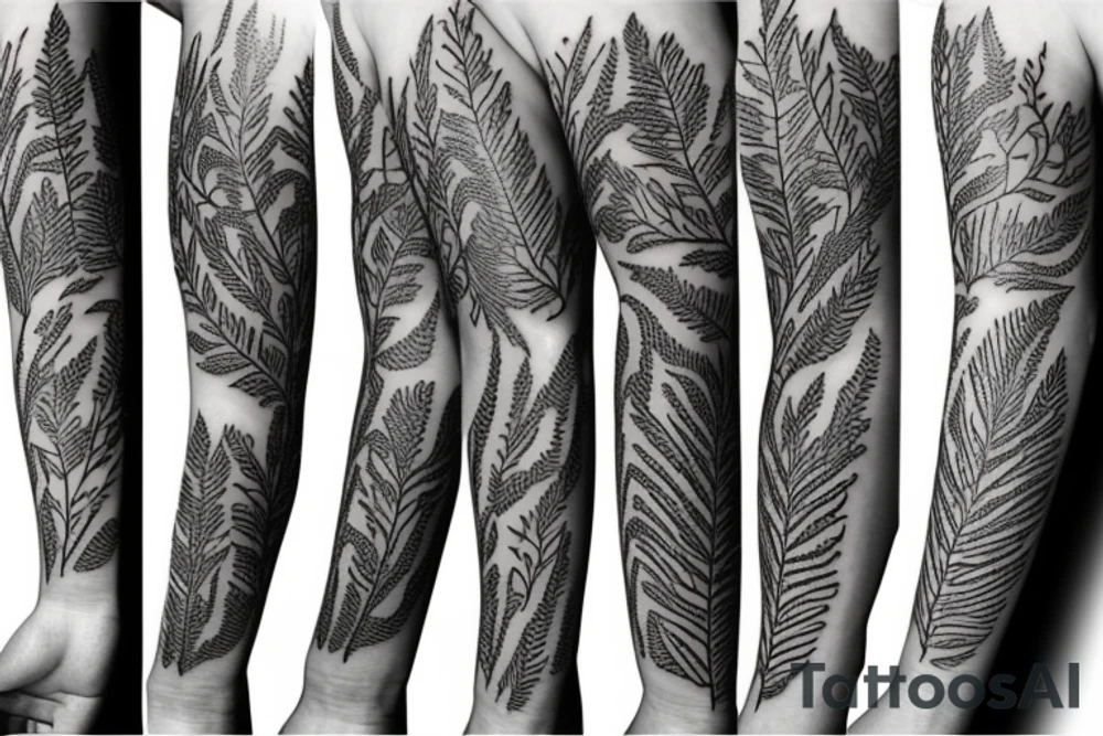 forearm tattoo that includes separate  plants such as fern, rosehip, and cornflower tattoo idea