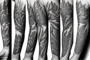 forearm tattoo that includes separate  plants such as fern, rosehip, and cornflower tattoo idea