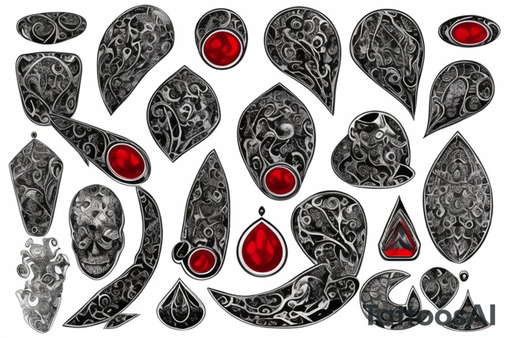 Hear shaped red gem with black and grey filigree tattoo idea