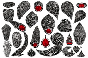 Hear shaped red gem with black and grey filigree tattoo idea