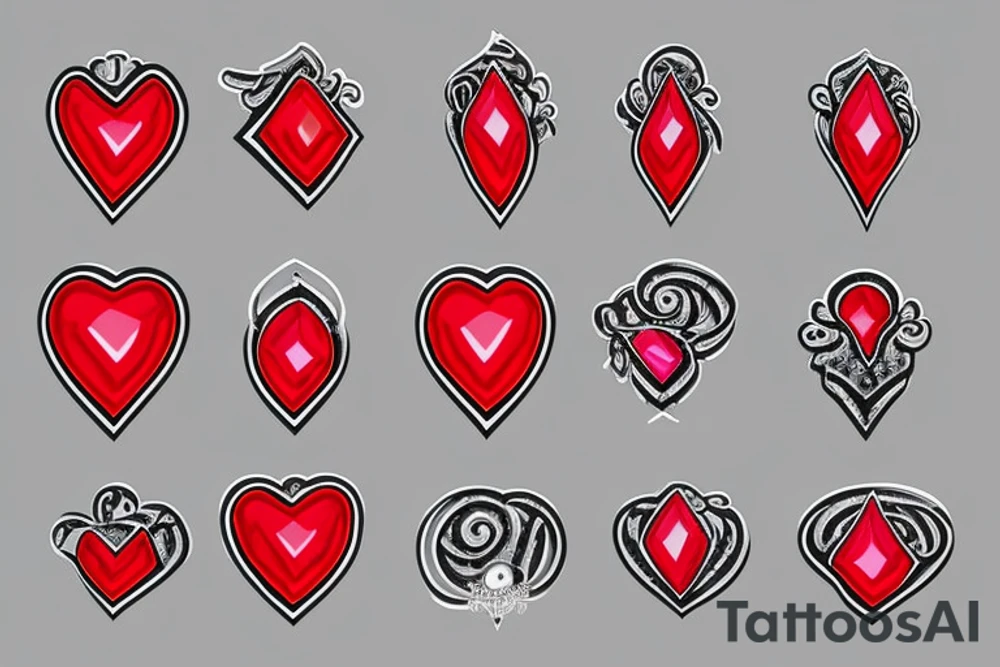 Hear shaped red gem with black and grey filigree tattoo idea