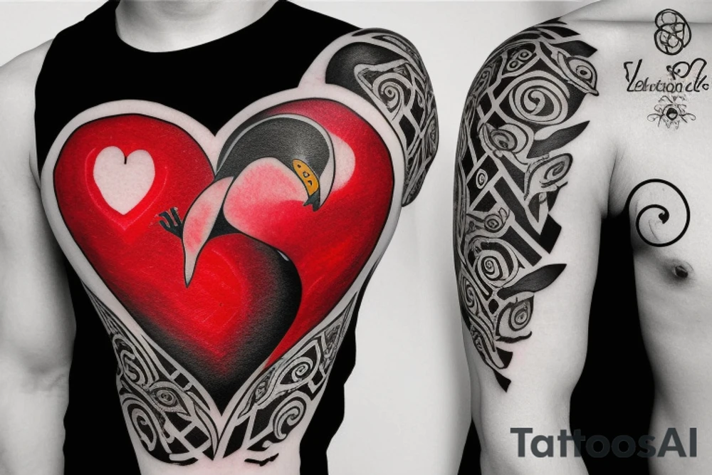 Heart shaped red gem inside a penguin with black and grey filigree pattern surrounding it tattoo idea