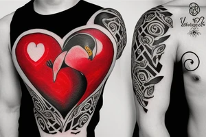 Heart shaped red gem inside a penguin with black and grey filigree pattern surrounding it tattoo idea