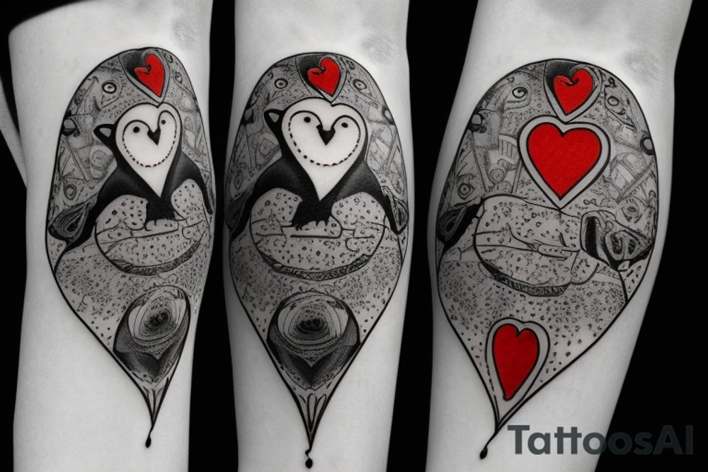 Heart shaped red gem inside a penguin with black and grey filigree pattern surrounding it tattoo idea