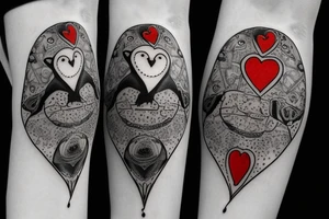 Heart shaped red gem inside a penguin with black and grey filigree pattern surrounding it tattoo idea