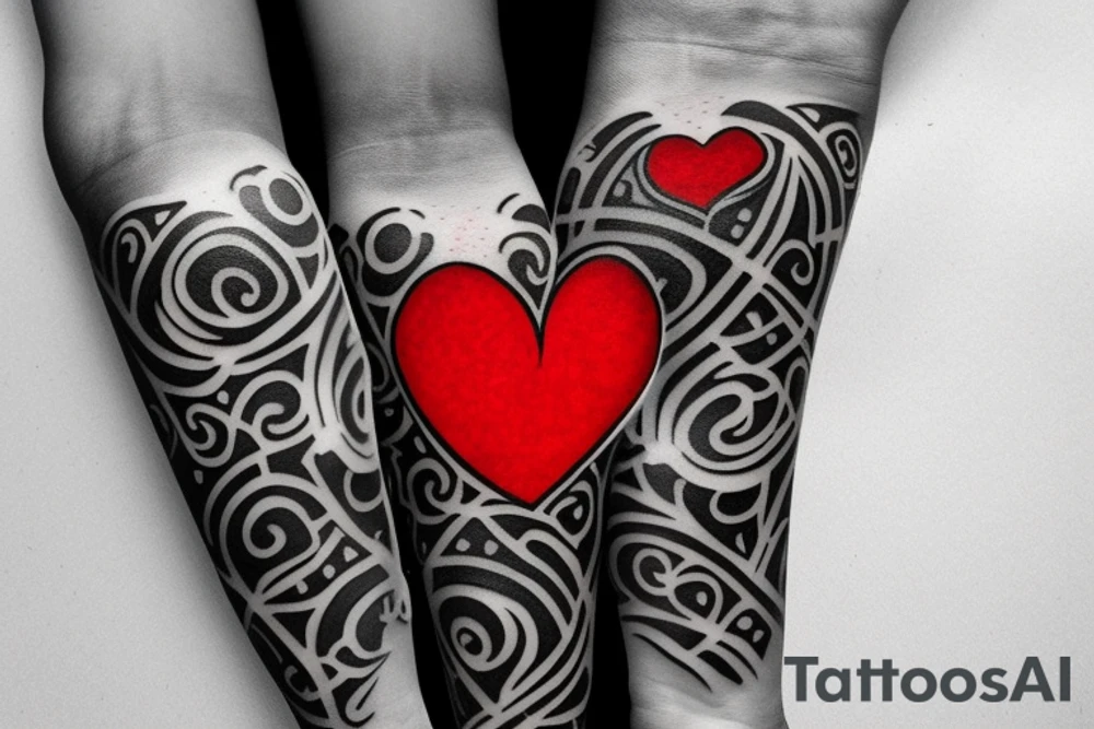 Heart shaped red gem inside a penguin with black and grey filigree pattern surrounding it tattoo idea