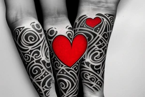 Heart shaped red gem inside a penguin with black and grey filigree pattern surrounding it tattoo idea