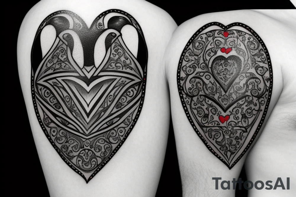 Heart shaped red gem inside a penguin with black and grey filigree pattern surrounding it tattoo idea