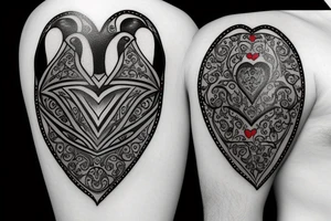 Heart shaped red gem inside a penguin with black and grey filigree pattern surrounding it tattoo idea