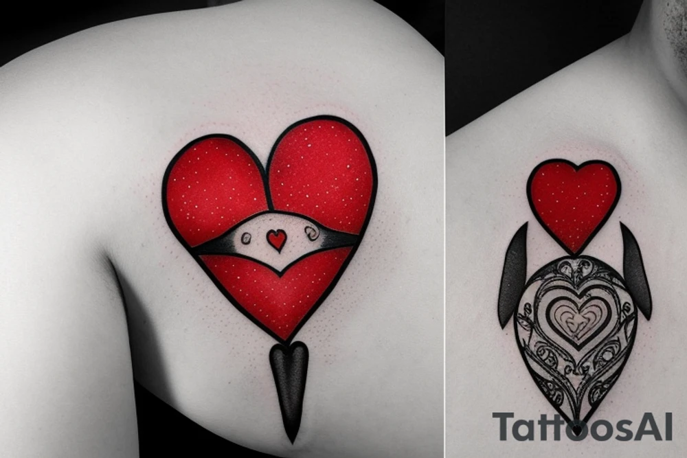 Heart shaped red gem inside a penguin with black and grey filigree pattern surrounding it tattoo idea