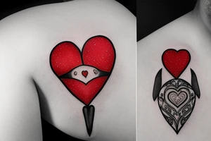 Heart shaped red gem inside a penguin with black and grey filigree pattern surrounding it tattoo idea