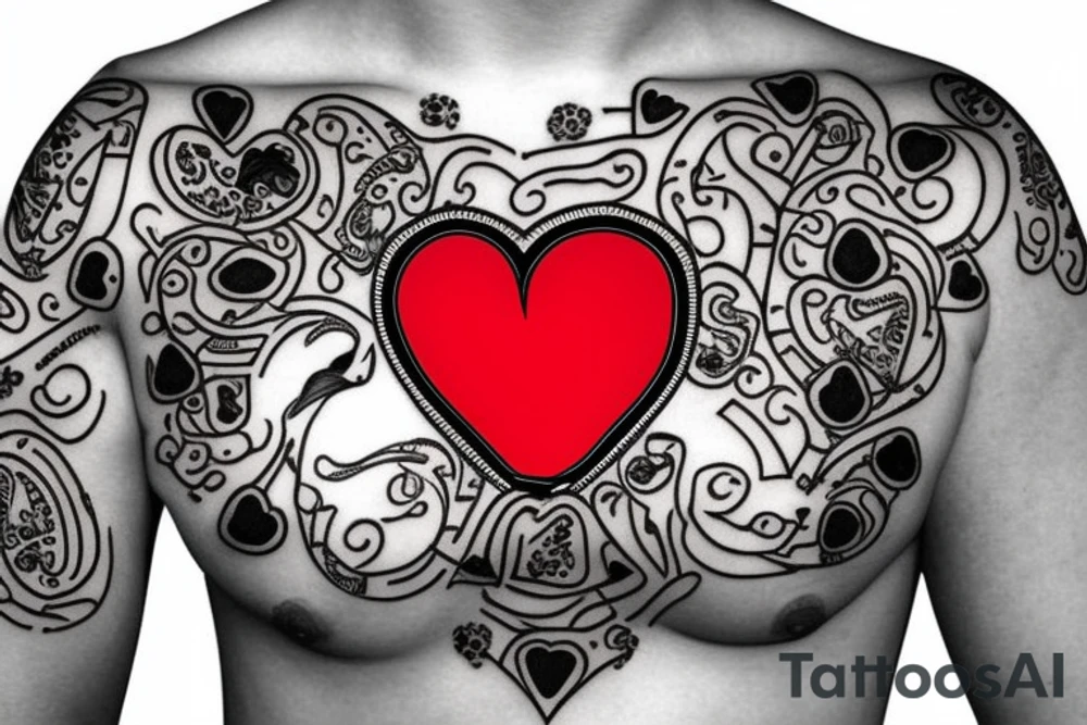 Heart shaped red gem inside a penguin with black and grey filigree pattern surrounding it tattoo idea