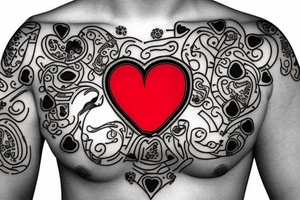 Heart shaped red gem inside a penguin with black and grey filigree pattern surrounding it tattoo idea
