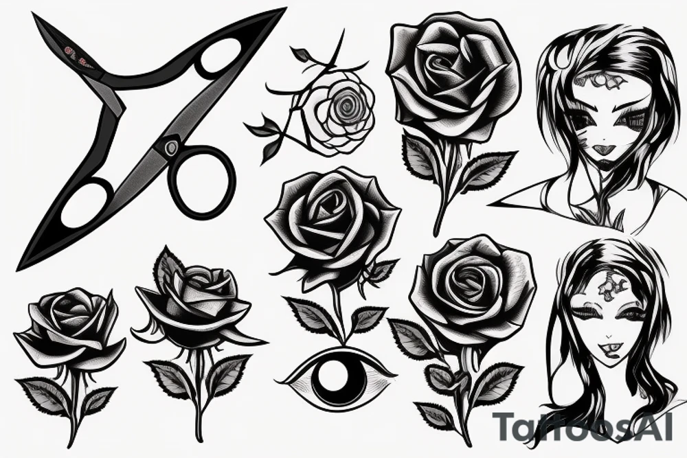 Scissors cutting rose with eyes tattoo idea