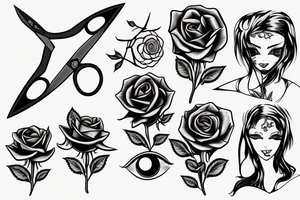 Scissors cutting rose with eyes tattoo idea