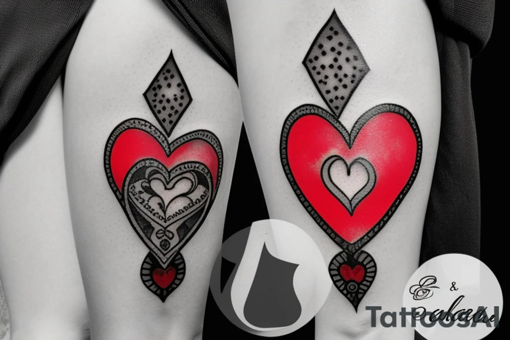 Heart shaped red gem inside a penguin with black and grey filigree pattern surrounding it tattoo idea