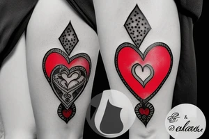 Heart shaped red gem inside a penguin with black and grey filigree pattern surrounding it tattoo idea
