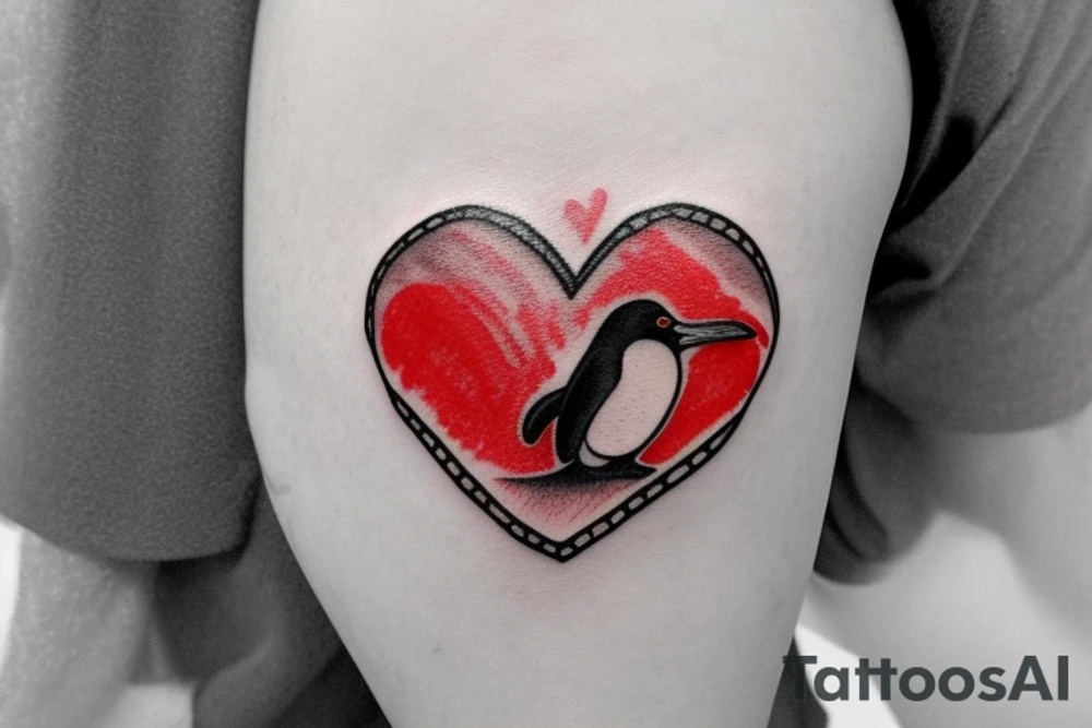 Heart shaped red gem inside a penguin with black and grey filigree pattern surrounding it tattoo idea