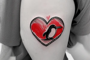 Heart shaped red gem inside a penguin with black and grey filigree pattern surrounding it tattoo idea