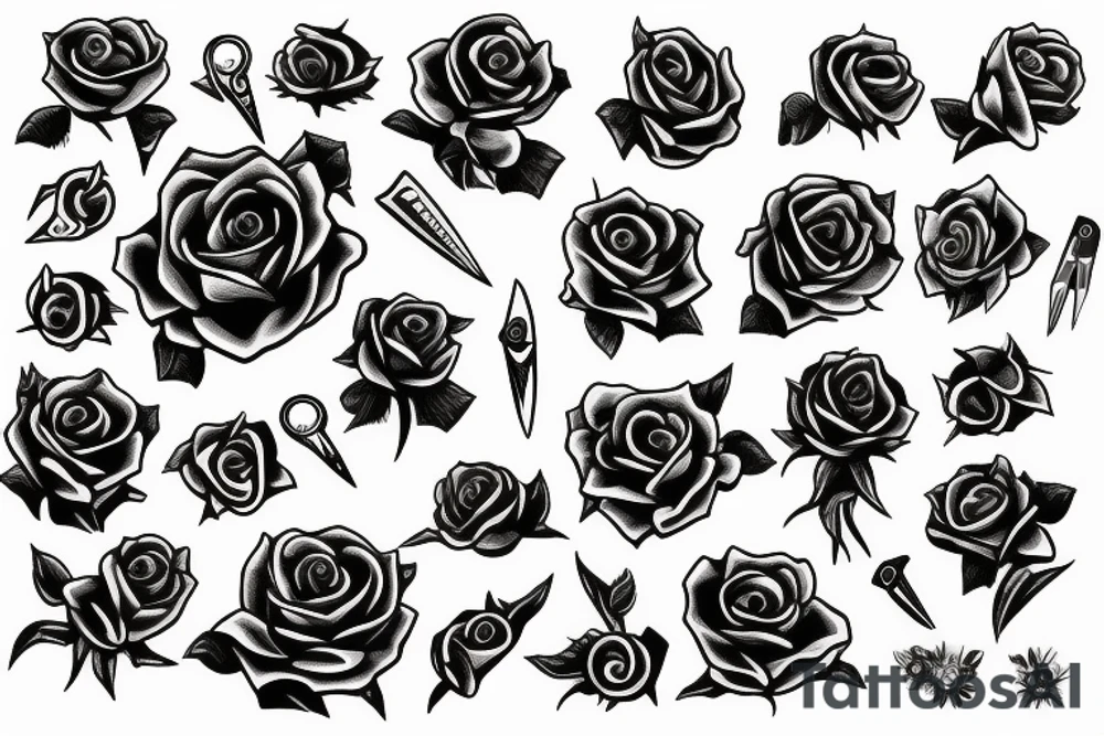 Scissors cutting rose with eyes tattoo idea