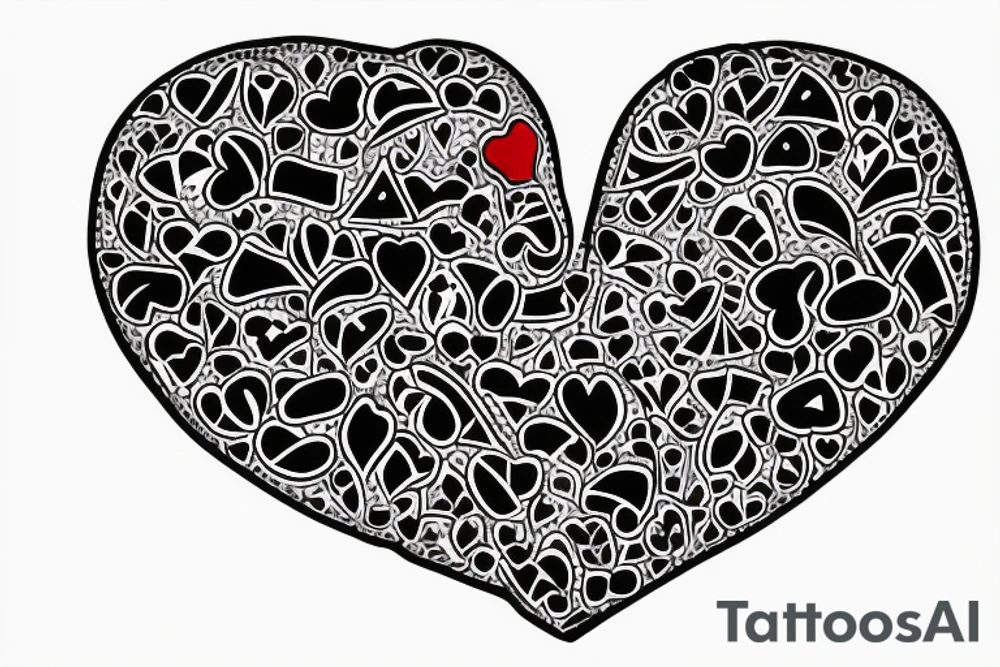 Heart shaped red gem inside a penguin with black and grey filigree pattern surrounding it tattoo idea