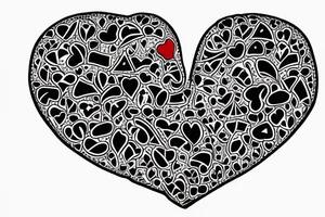 Heart shaped red gem inside a penguin with black and grey filigree pattern surrounding it tattoo idea