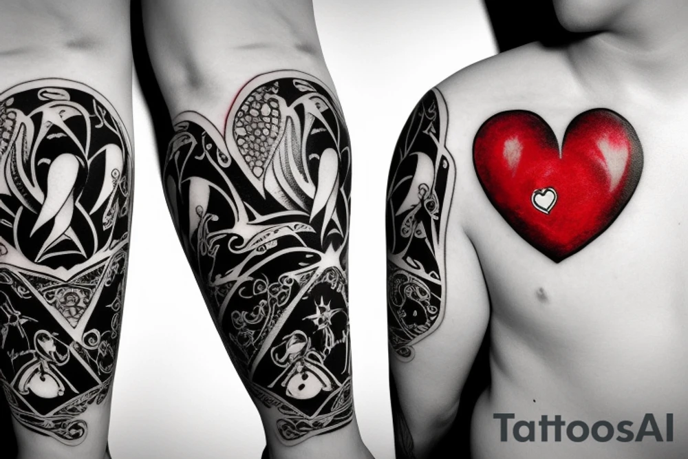 Heart shaped red gem inside a penguin with black and grey filigree pattern surrounding it tattoo idea