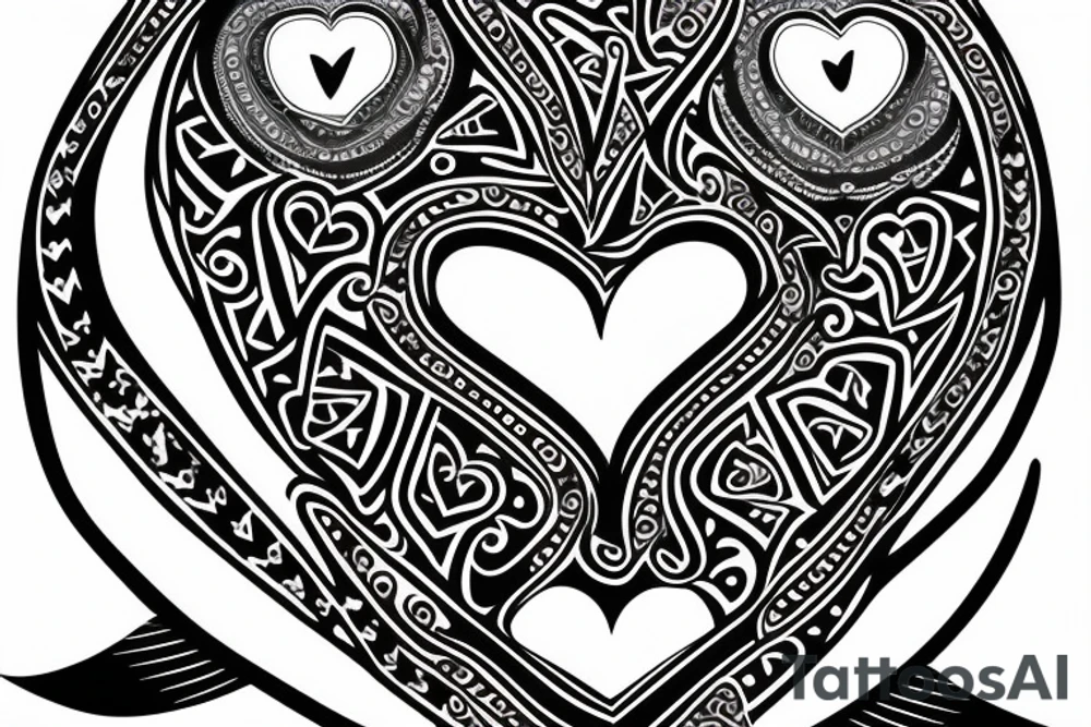 Heart shaped red gem inside a penguin with black and grey filigree pattern surrounding it tattoo idea