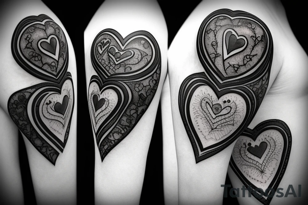 Heart shaped gem with black and grey filigree surrounding it tattoo idea