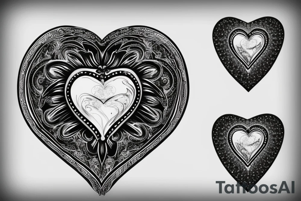 Heart shaped gem with black and grey filigree surrounding it tattoo idea