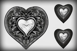 Heart shaped gem with black and grey filigree surrounding it tattoo idea