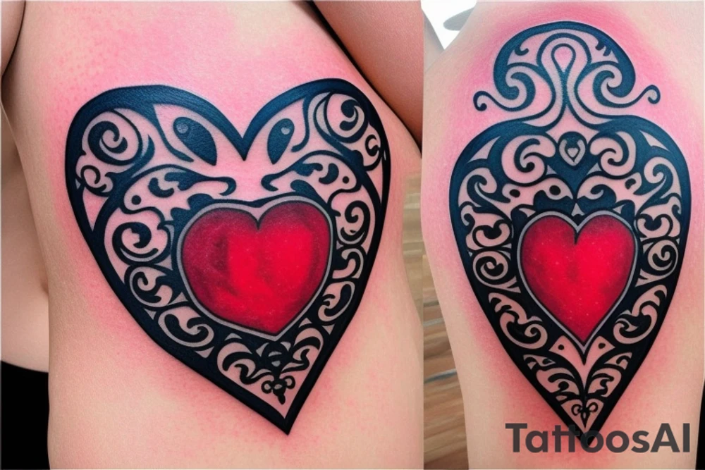 Red heart shaped gem with black and grey filigree surrounding it tattoo idea