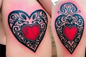 Red heart shaped gem with black and grey filigree surrounding it tattoo idea